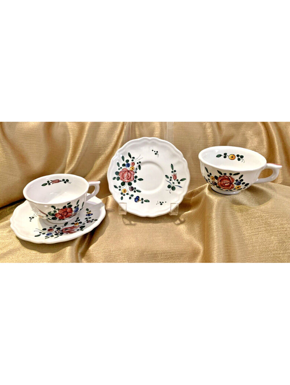 Deruta Italy VTG Majolica Tea Cup & Saucer 4pc Set Hand-Painted Scalloped Floral